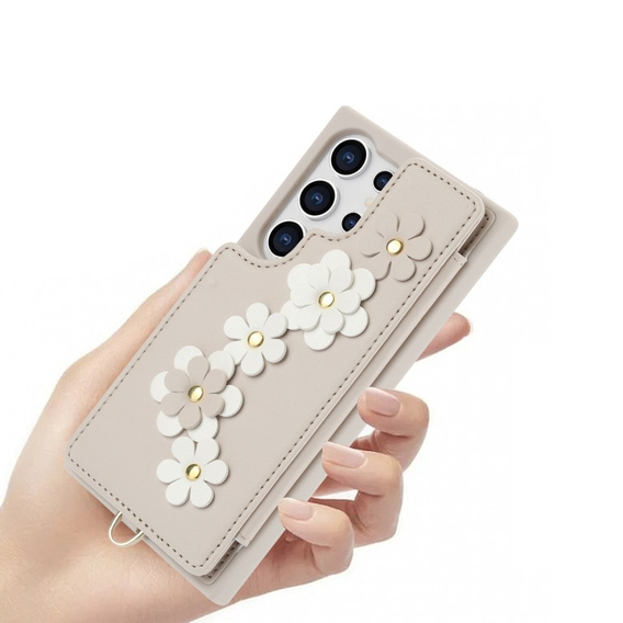 Tok Samsung Galaxy S24 Ultra, Leather Flower Card Slot, bézs színű