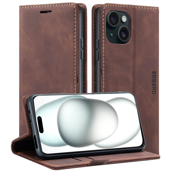 Telefontok a iPhone 15, ERBORD Vintage, pénztárca patenttal, kávé