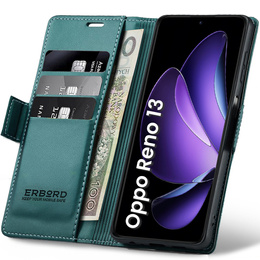 Tok Oppo Reno 13, ERBORD Glossy Litchi, pénztárca patenttal, zöld