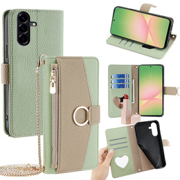Flip tok Samsung Galaxy A56 5G, Wallet Zipper Pocket, tükörrel, zöld