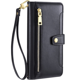 Pattintható tok a iPhone 14, Wallet Zipper Pocket, fekete