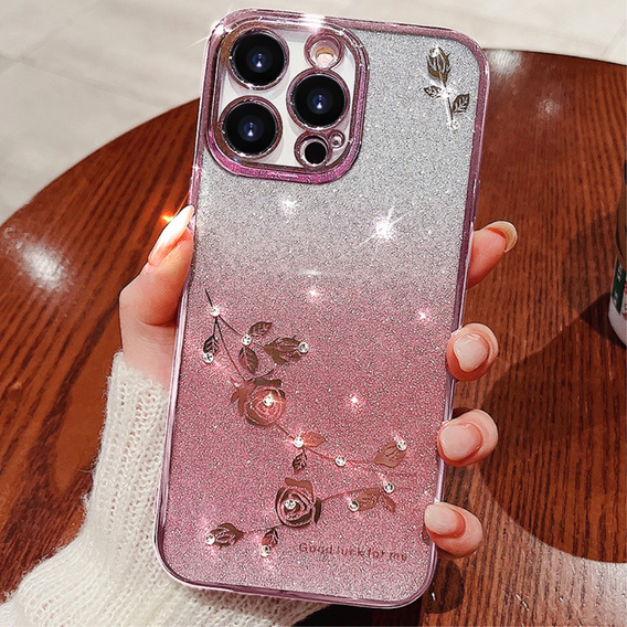 Tok iPhone 16 Pro Max, Glitter Flower, rózsaszín rose gold