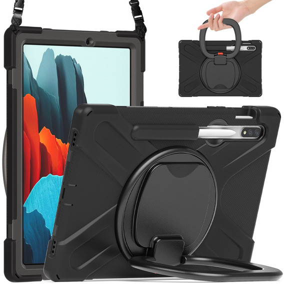 Tok Samsung Galaxy Tab S10 Lite / S10 FE / S9 FE / S9 / S8 / Tab S7, páncélozott, 360 fokban forgatható, fekete színű