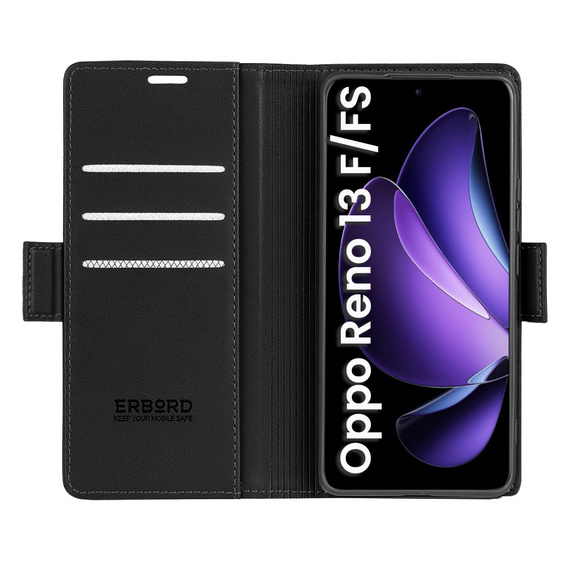 Tok Oppo Reno 13F / Oppo Reno 13FS, ERBORD Glossy Litchi, pénztárca patenttal, fekete
