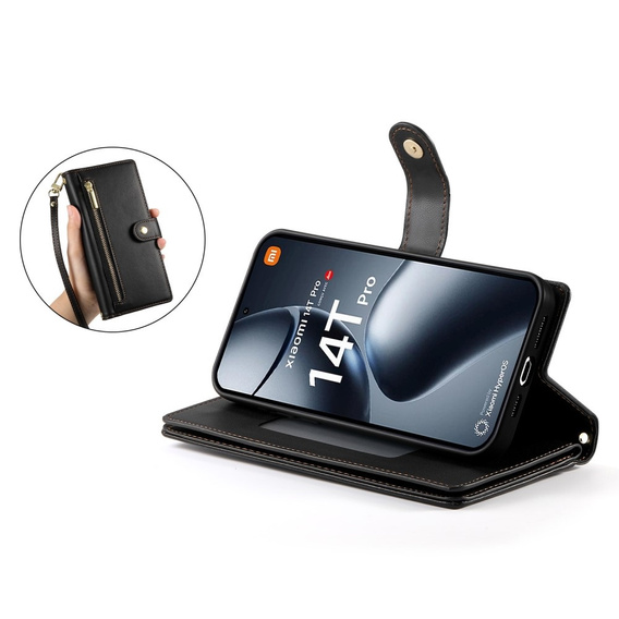 Pattintható tok a Xiaomi 14T Pro, Wallet Zipper Pocket, fekete