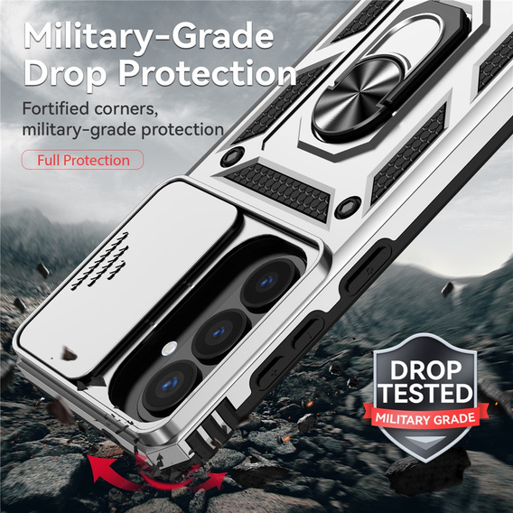 Páncélozott tok állvánnyal és lencsefedéllel Samsung Galaxy S26 Plus készülékhez, ezüst színű