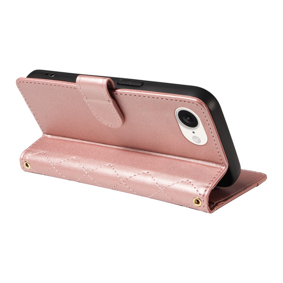 Flap tok iPhone 16E, Rhombus Crossbody Leather, rózsaszín rose gold