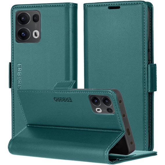 Tok Oppo Reno 13 Pro, ERBORD Glossy Litchi, pénztárca patenttal, zöld