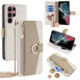 Flip tok Samsung Galaxy S22 Ultra, Wallet Zipper Pocket, tükörrel, fehér