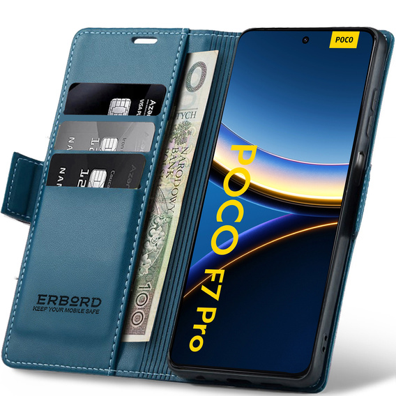 Tok Xiaomi Poco F7 Pro, ERBORD Glossy Litchi, pénztárca patenttal, kék