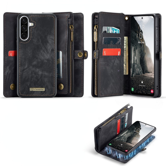 CASEME tok Samsung Galaxy A56 5G, Retro Leather Wallet, szíjjal, fekete