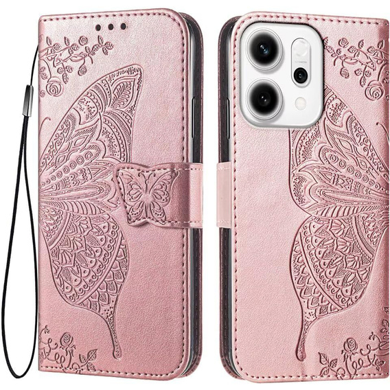 Pattintható tok Oppo Reno 14, Butterfly, pénztárca, rózsaarany