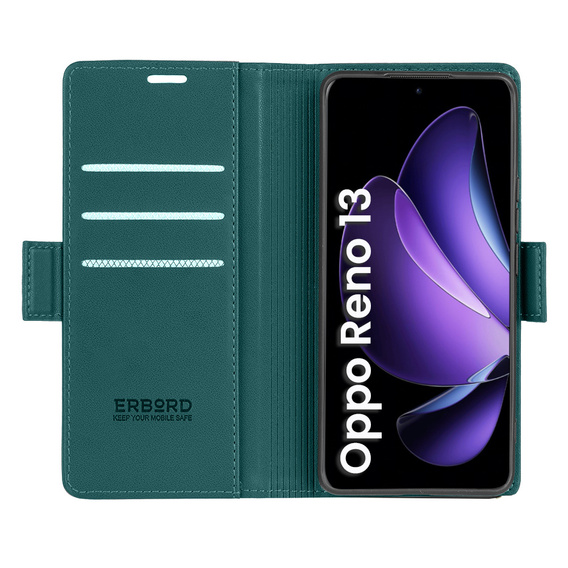 Tok Oppo Reno 13, ERBORD Glossy Litchi, pénztárca patenttal, zöld