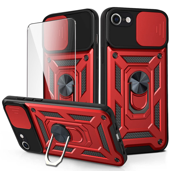 Páncélozott tok iPhone 16E, CamShield Slide, piros + edzett üveg 9H