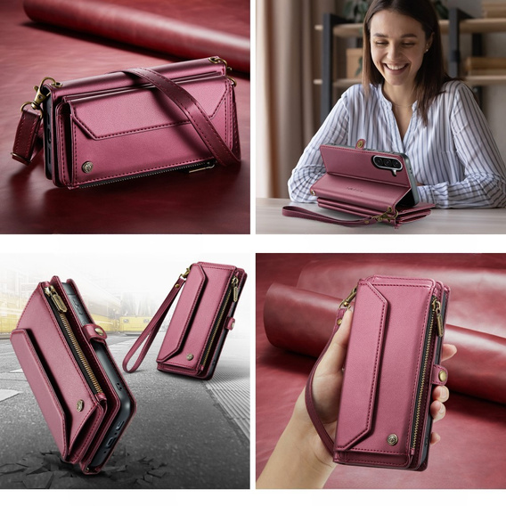 Tok CASEME Samsung Galaxy A56 5G, RFID Leather Wallet, vállpánttal, piros