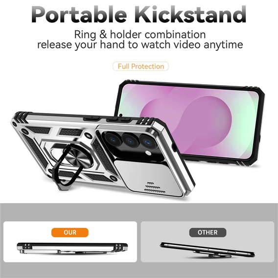 Páncélozott tok állvánnyal és objektívvédővel Samsung Galaxy S26 készülékhez, ezüst színű