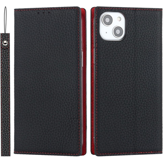 Pattintható tok a iPhone 15, Litchi Skin Grain, fekete