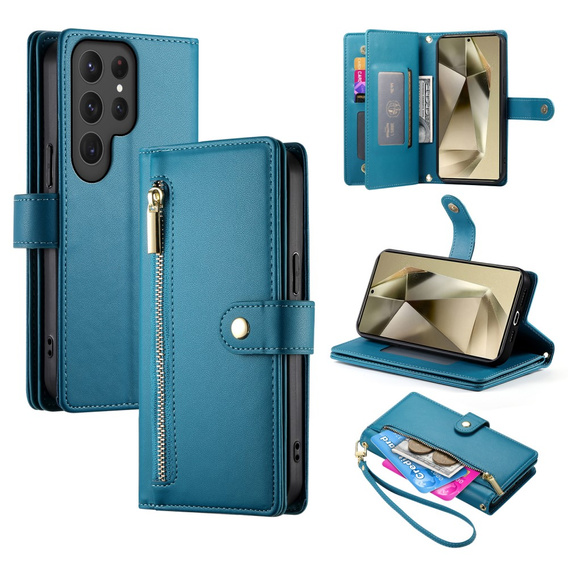 Pattintható tok a Samsung Galaxy S25 Ultra, Wallet Zipper Pocket, kék