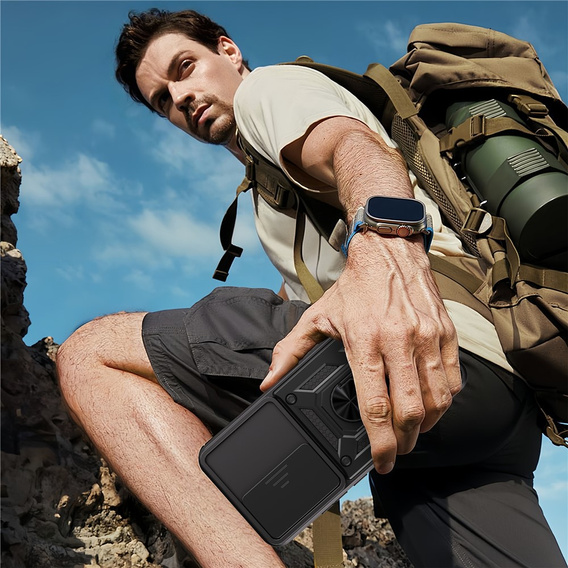 Páncélozott tok Oppo Reno 14 készülékhez, kameravédelemmel, állvánnyal, fekete