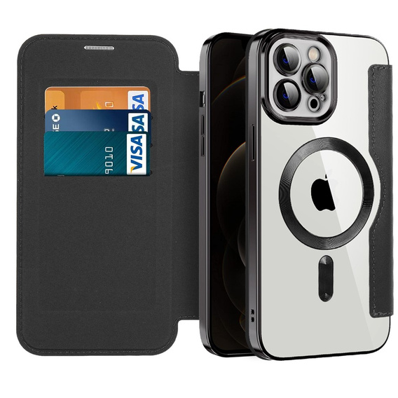 Pattintható tok a iPhone 12 Pro, RFID Wallet MagSafe CamShield, fekete