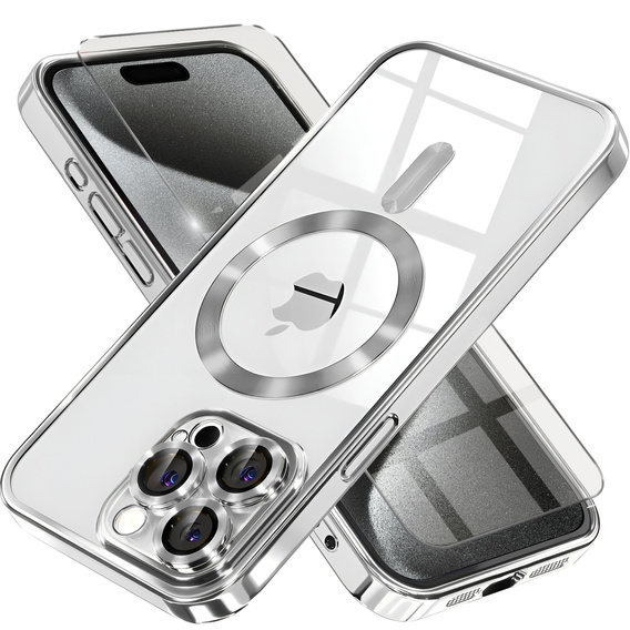 Tok iPhone 15 Pro Max-hoz, Electro MagSafe, ezüst + üveg a képernyőhöz