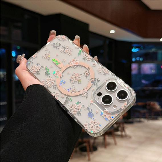 Mágneses tok virágos lézeres mintával iPhone 16 Pro-hoz