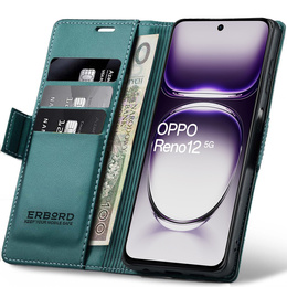 Tok Oppo Reno 12, ERBORD Glossy Litchi, pénztárca patenttal, zöld