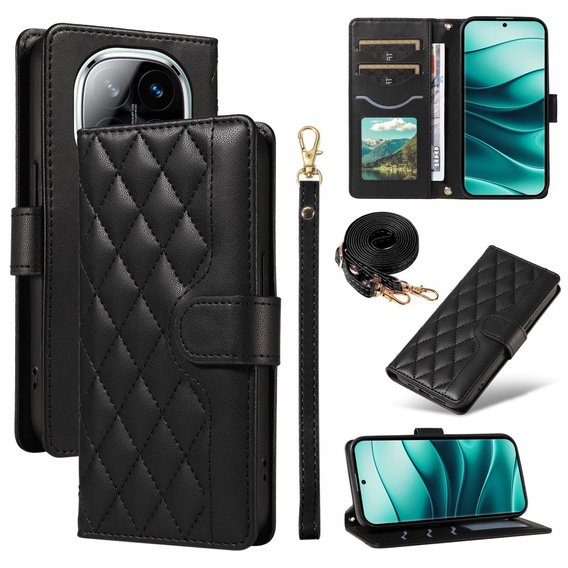 Flap tok Xiaomi Redmi Note 14 Pro 5G / Xiaomi Redmi Note 14 Pro+ 5G / Xiaomi Poco X7 5G, Rhombus Crossbody Leather, fekete