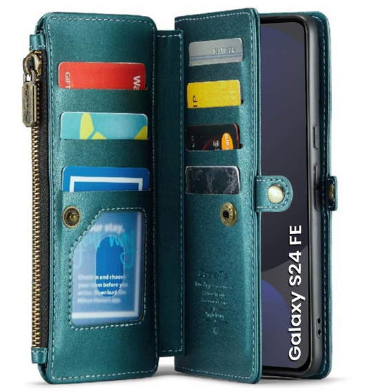 Tok CASEME Samsung Galaxy S24 FE, RFID Leather Wallet, vállpánttal, zöld