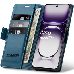 Tok Oppo Reno 12, ERBORD Glossy Litchi, pénztárca patenttal, kék