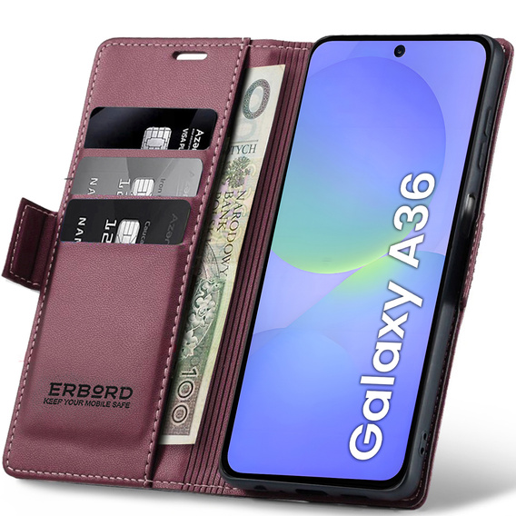 Tok Samsung Galaxy A36, ERBORD Glossy Litchi, pénztárca patenttal, piros