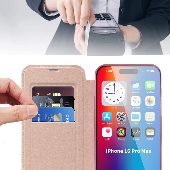 Pattintható tok a iPhone 16 Pro Max, RFID Wallet MagSafe CamShield, rózsaszín
