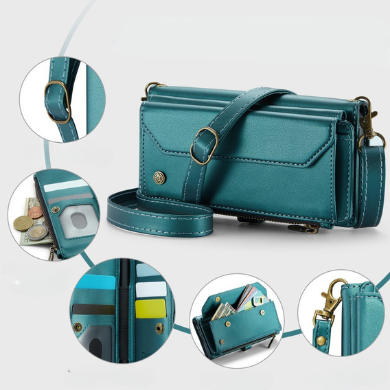 Tok CASEME Samsung Galaxy S24 FE, RFID Leather Wallet, vállpánttal, zöld