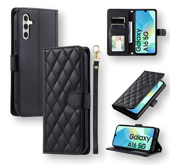 Flap tok Samsung Galaxy A16, Rhombus Crossbody Leather, fekete