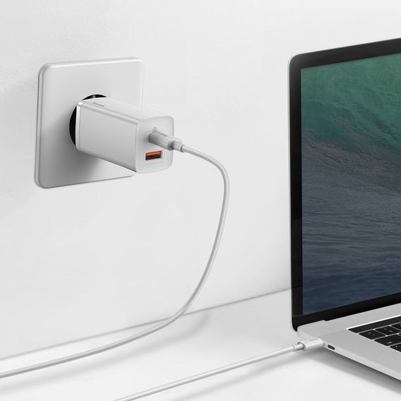 Baseus GaN2 Lite 65 W USB-C + USB-A hálózati töltő, fehér (EU)