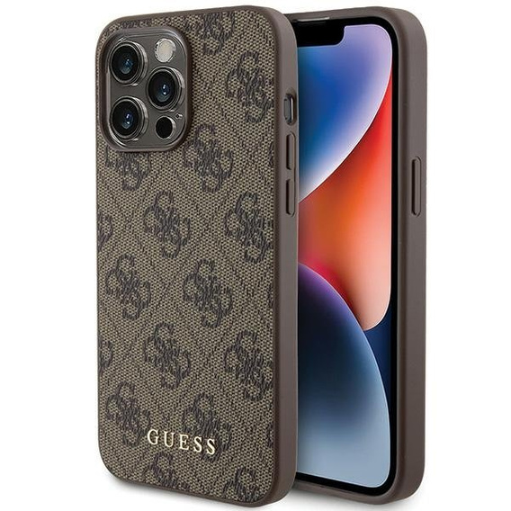GUESS Telefontok a iPhone 15 Pro Max, 4G Metal Gold Logo, barna