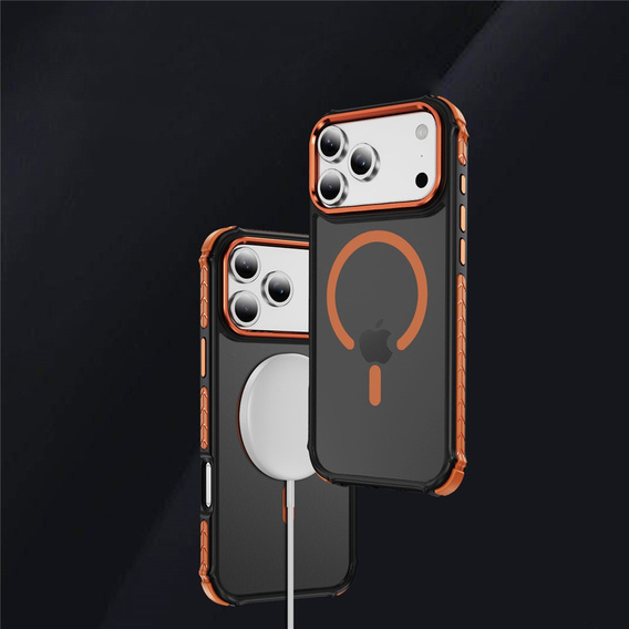 Matt tok iPhone 17 Pro Max készülékhez, páncélozott, MagSafe-hoz, füstszínű, narancssárga oldallal