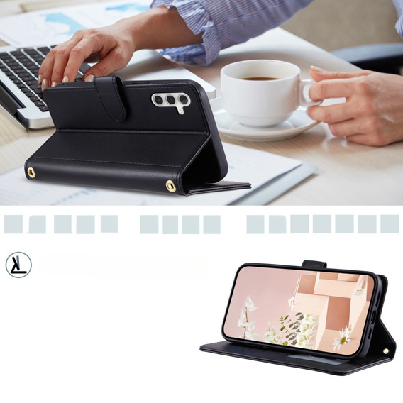 Flap tok Samsung Galaxy S24 FE, Rhombus Crossbody Leather, fekete