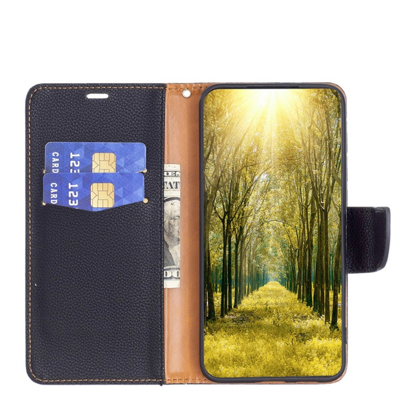 Pattintható tok a Samsung Galaxy A15, Wallet Litchi Leather, fekete + 9H üveg