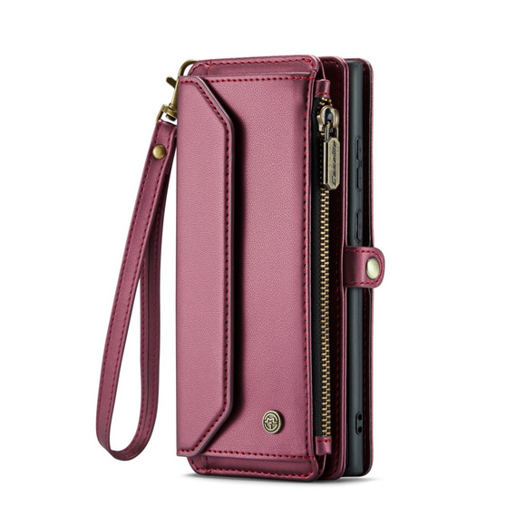 Tok CASEME Samsung Galaxy S25 Ultra, RFID Leather Wallet, vállpánttal, piros