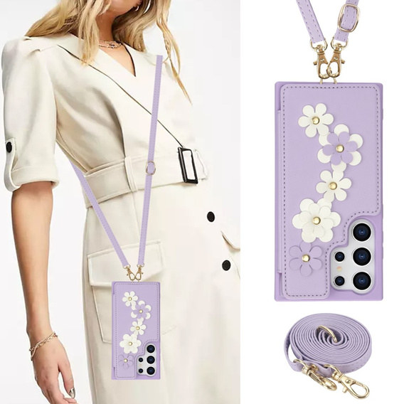 Tok Samsung Galaxy S25 Ultra, Leather Flower Card Slot, lila
