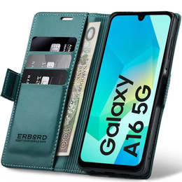 Tok Samsung Galaxy A16, ERBORD Glossy Litchi, pénztárca patenttal, zöld