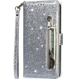 Pattintható tok a Samsung Galaxy A55, Wallet Zipper Pocket Glittery, ezüst