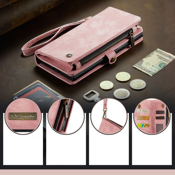 CASEME tok Samsung Galaxy A56 5G, Retro Leather Wallet, szíjjal, rózsaszín