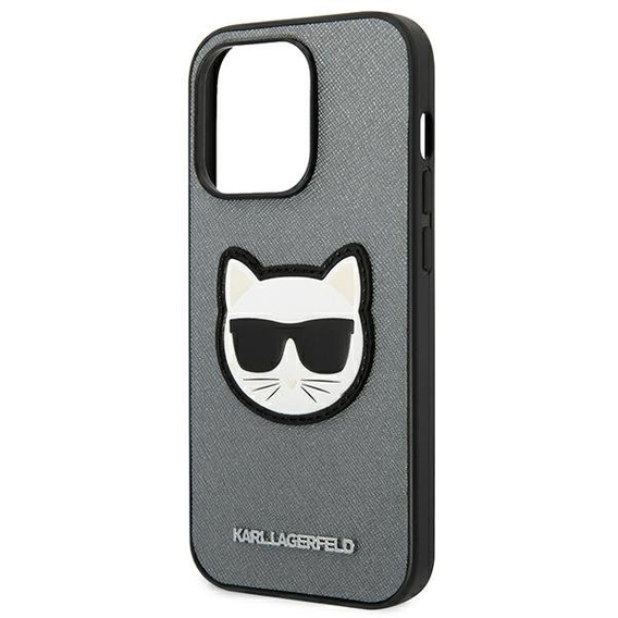 Karl Lagerfeld Telefontok a iPhone 14 Pro Max, Saffiano Choupette Head Patch, ezüst