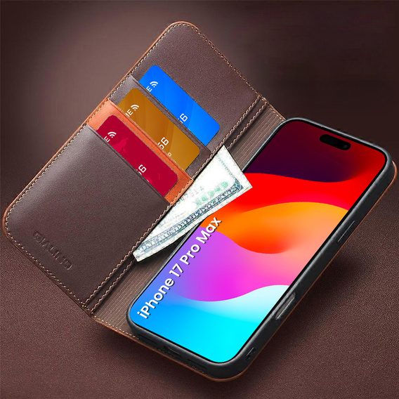 QIALINO bőr pénztárca flip tok iPhone 17 Pro Max készülékhez - barna