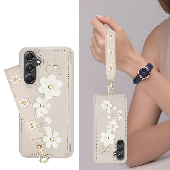 Tok Samsung Galaxy A55 5G, Leather Flower Card Slot, bézs színű