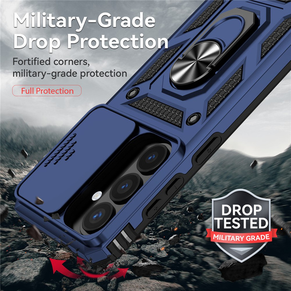 Páncélozott tok állvánnyal és lencsefedéllel Samsung Galaxy S26 készülékhez, kék színben