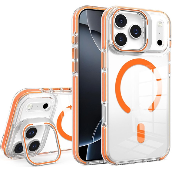 Tok iPhone 17 Pro Max készülékhez, MagSafe, állvánnyal, átlátszó, narancssárga betétekkel