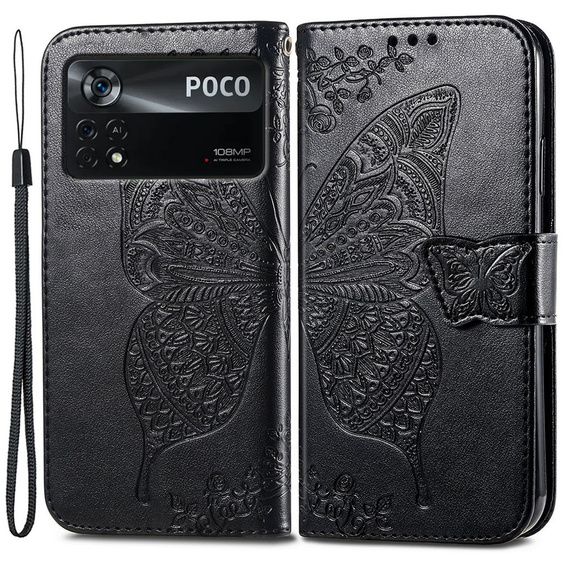 Pattintható tok a Xiaomi Poco X4 Pro 5G, Butterfly, fekete